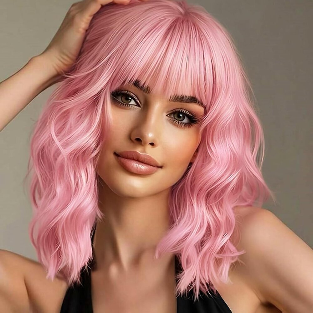Women's Pink 14 Inches Short Pastel Wavy Curly Shoulder Length Synthetic Wig